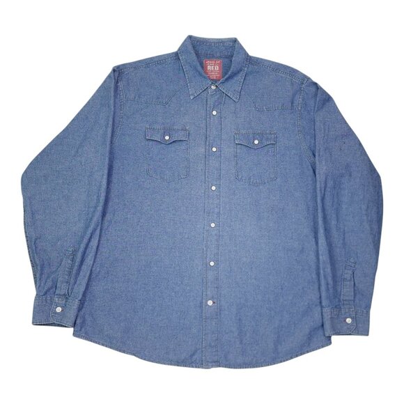 Mens Wrangler Jeans Co. Red Long Sleeve Denim Pearl Snap Shirt XL - Picture 2 of 10